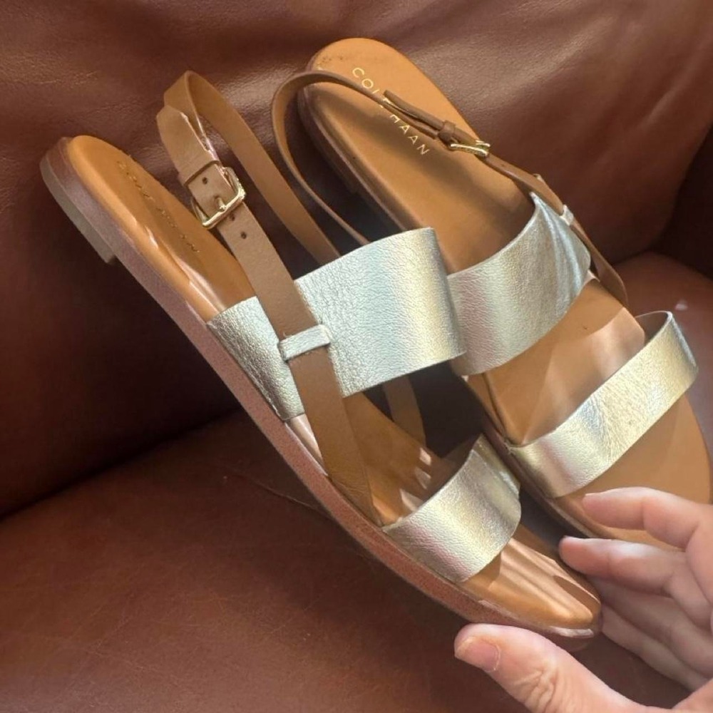 Cole Haan Womens Metallic Silver Tan Leather Slingback Flat Sandals Gold Buckle